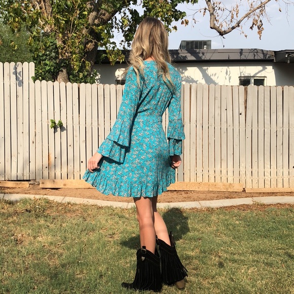 Turquoise Ruffle Hem Boho Gypsy V-Neck Play Dress - Picture 2 of 6